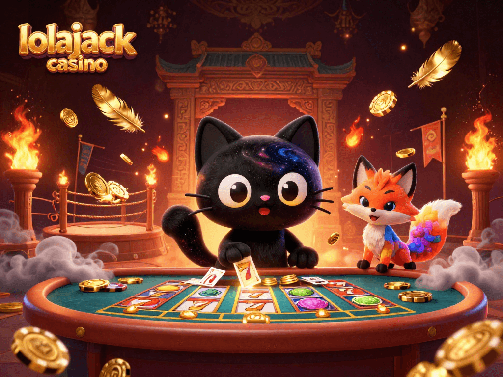 Engage with lolajack casino's vibrant cosmic gaming scene featuring a black hole cat and unique golden elements.