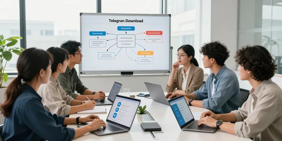 Collaborative team discussing benefits of Telegram Download in a modern office setting with technology on display.