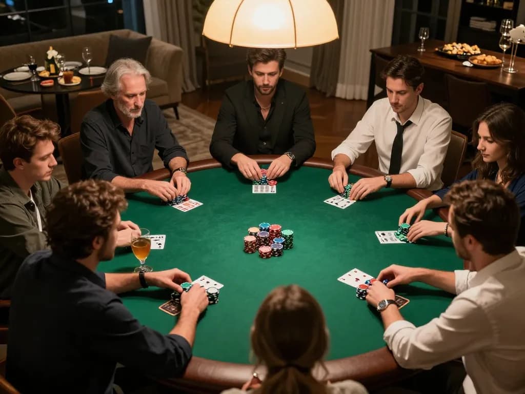 Players strategize and bet during a lively home poker game, highlighting dynamic moments of 388bet gaming.