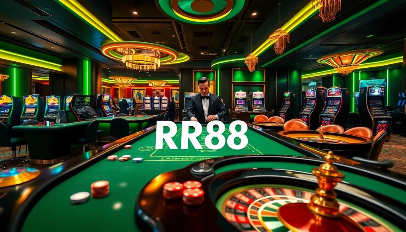 Exciting RR88 casino scene featuring professional dealers, vibrant tables, and engaging gambling activities.