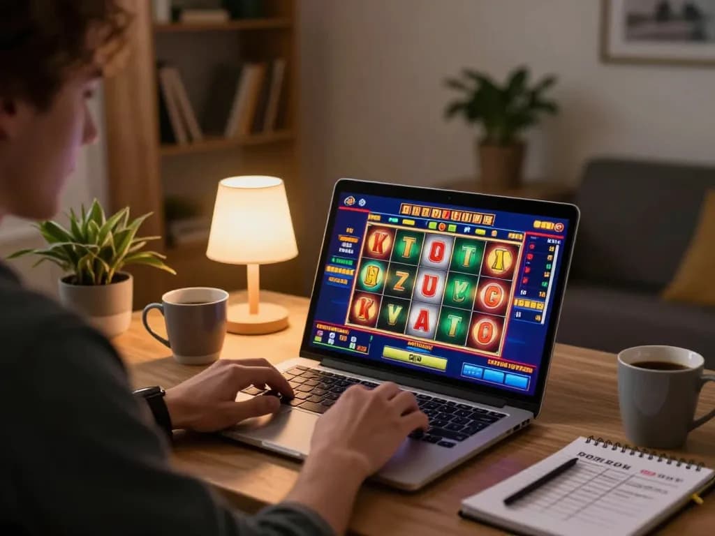 Playing slot bonus new member 100% online on a laptop in a cozy home setting with a warm atmosphere