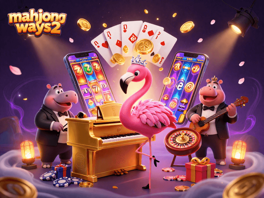 Engage in thrilling action with mahjong ways 2 at a lively casino scene featuring vibrant characters.