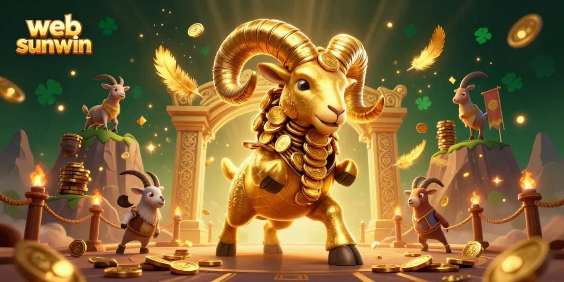 Experience the thrill of the web sunwin with a 3D illustration featuring golden rams, dynamic gaming elements, and dazzling effects.