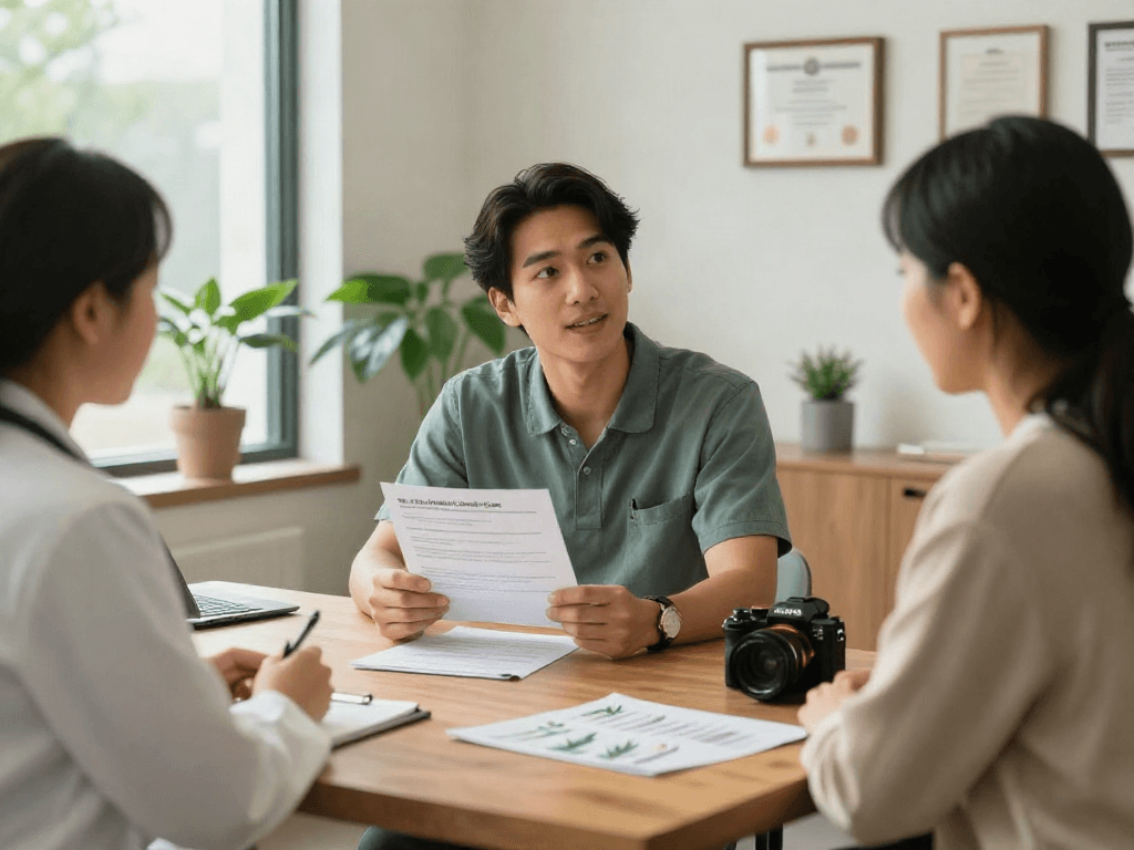 Patient consulting about the Texas Medical Cannabis Card in a bright office setting.
