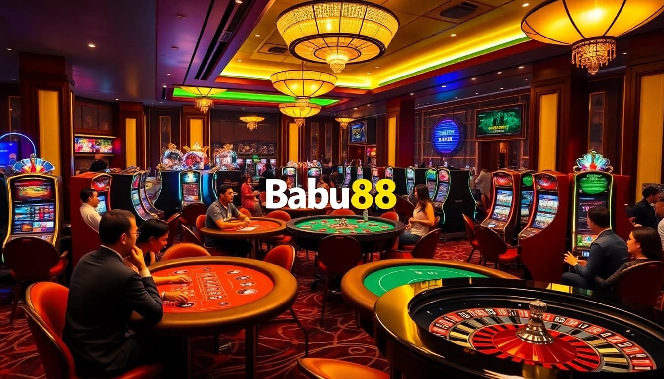 Babu88 gaming scene with poker tables, vibrant slots, and roulette, showcasing excitement and luxury.