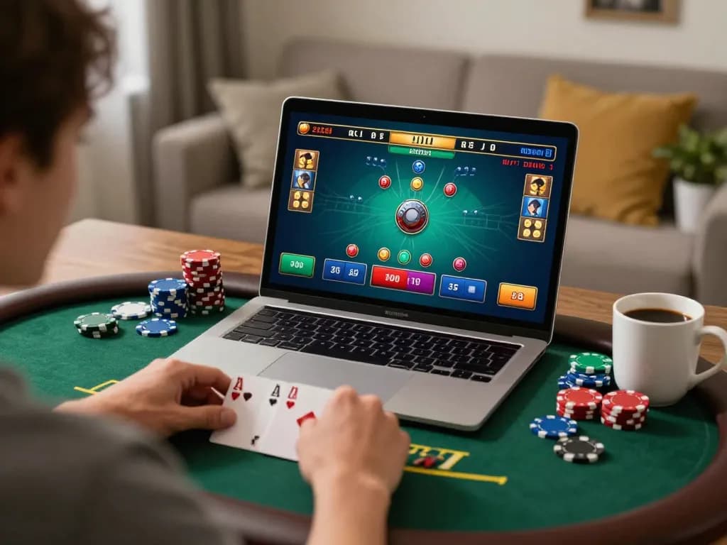 Experience RR88 Auction with an engaging online blackjack game interface amidst a cozy home setting.