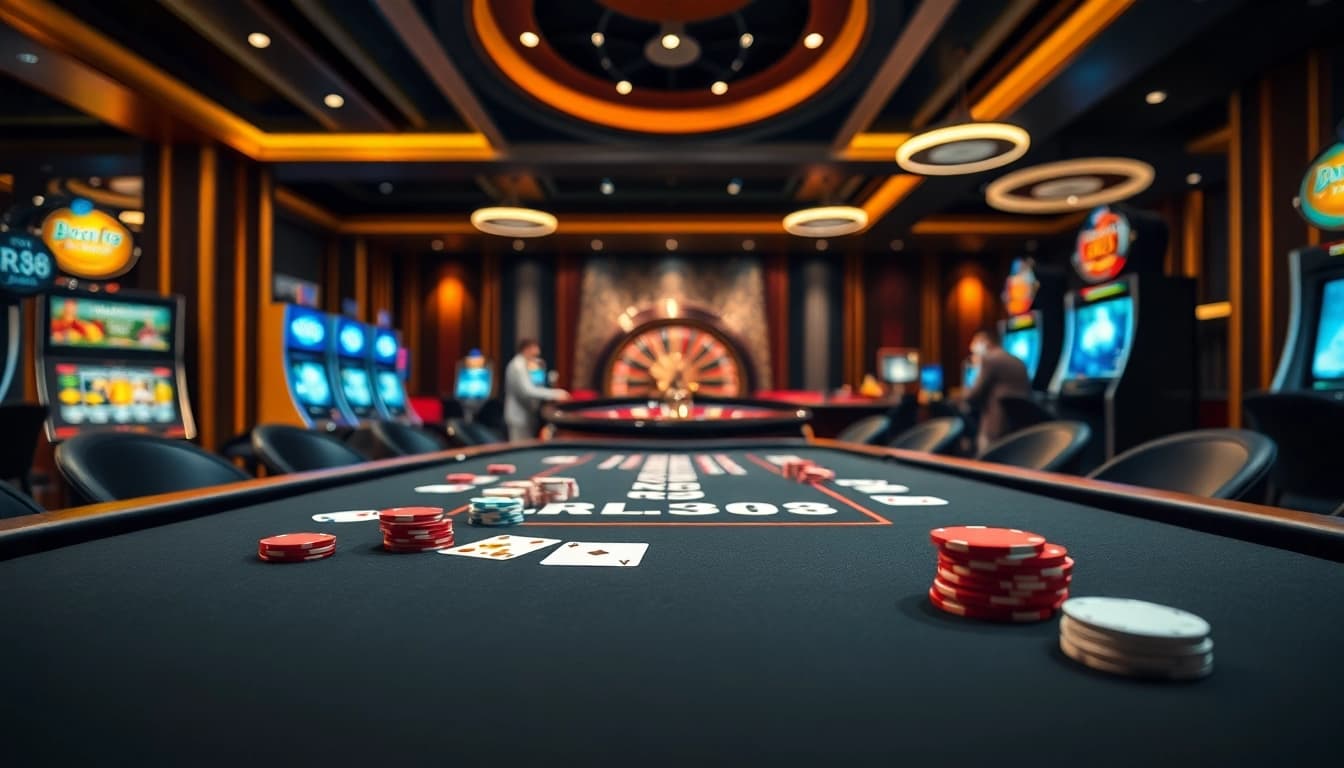 Experience thrilling gameplay at RR88 casino with vibrant poker chips and luxurious tables.