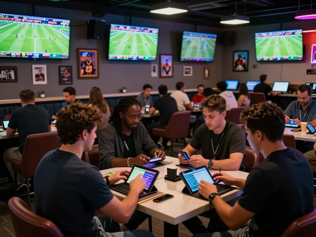 Fans engaging in Bola Online betting at a vibrant sports lounge with live match displays.