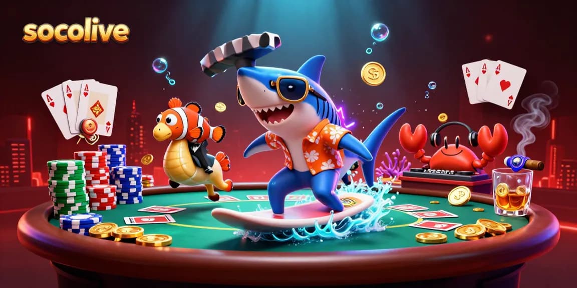 Socolive offers a lively gambling experience with a vibrant cartoon scene featuring a shark and friends amidst poker elements.