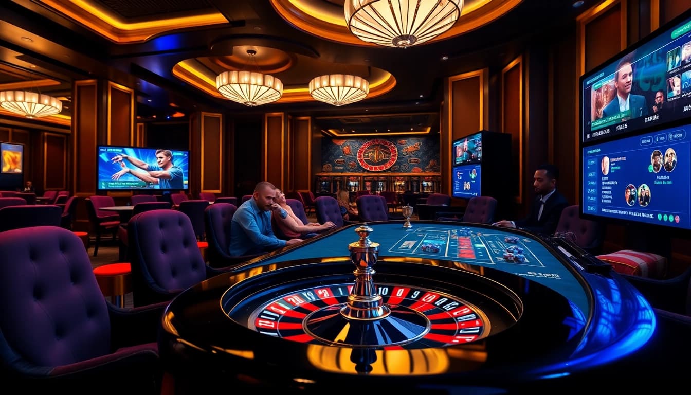 Players enjoying high-stakes gaming at iwin club, featuring poker chips and vibrant roulette wheel.