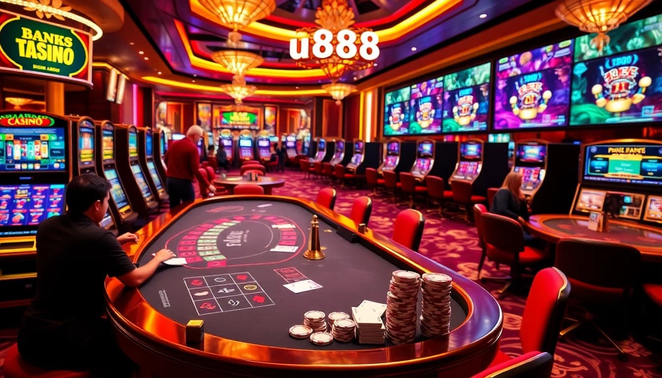 Experience the excitement of u888 with players at blackjack and roulette tables in a vibrant casino scene.