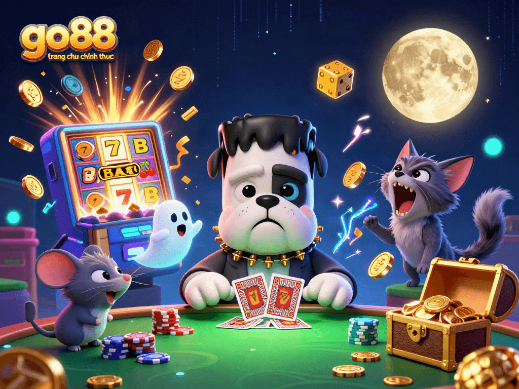Engaging scene of go88 trang chu chinh thuc featuring a bulldog monster dealing cards surrounded by jackpot elements.
