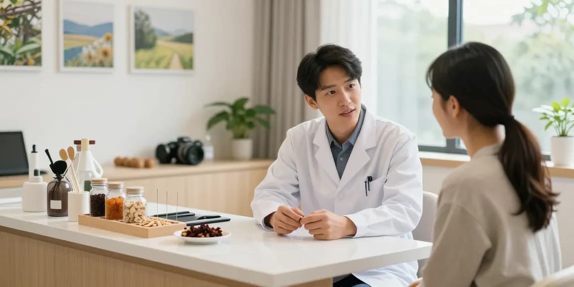 Consultation at 수원한의원 featuring a doctor discussing traditional Korean medicine with a patient