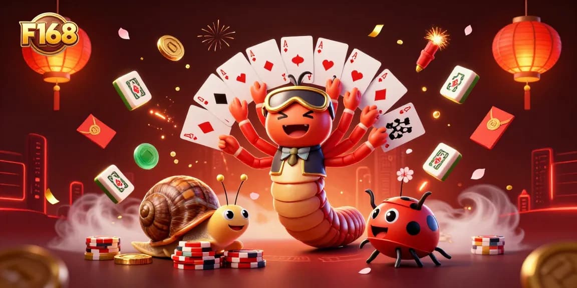 Watch F168's dynamic casino scene come alive with vibrant characters, cards, chips, and festive elements!