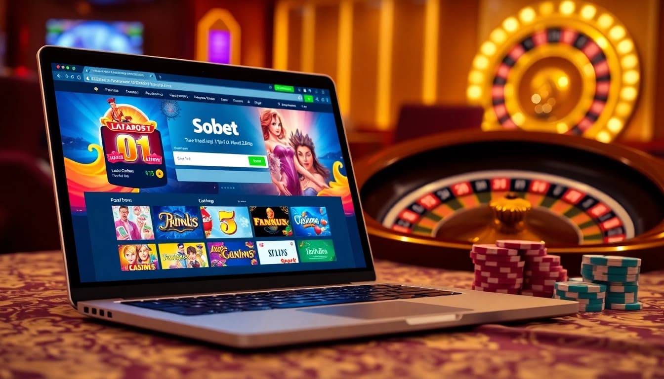 Sbobet login interface displayed on a sleek laptop surrounded by casino elements like poker chips and a roulette wheel.