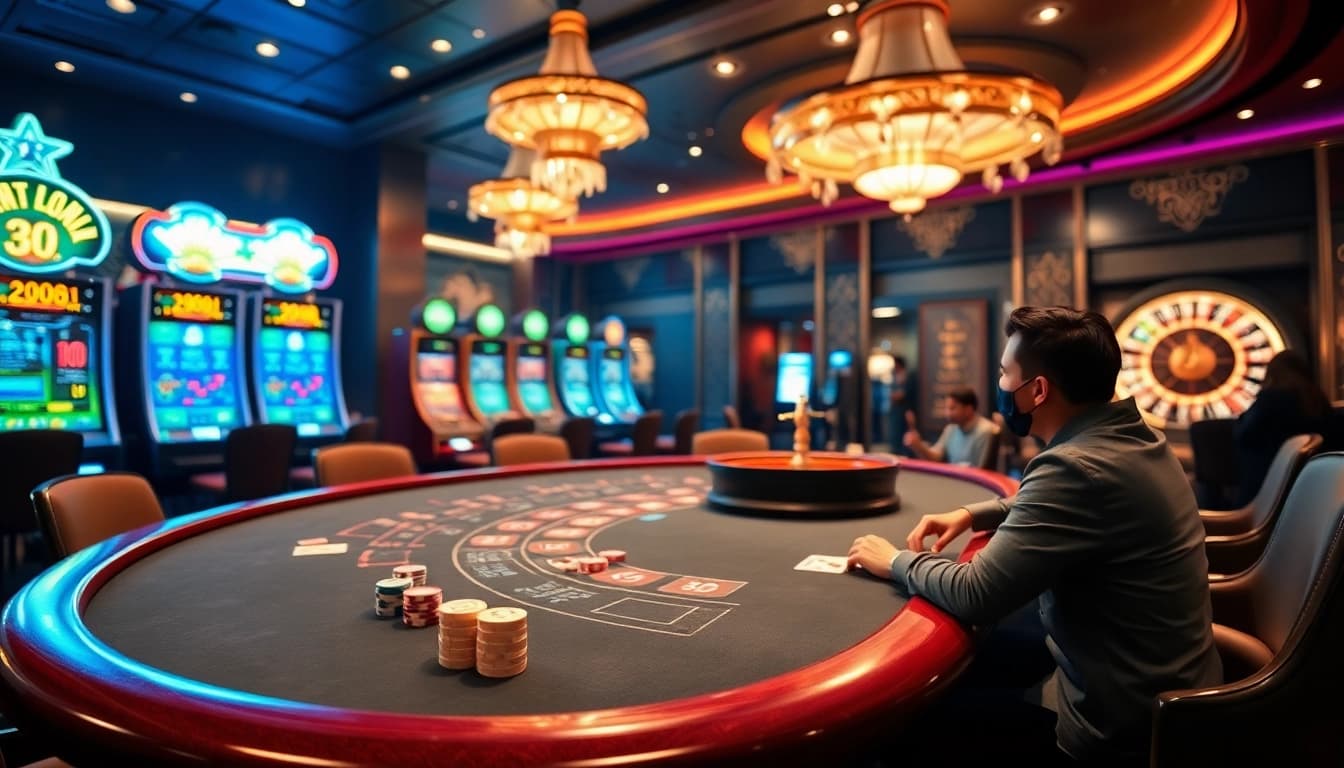 Experience thrilling gameplay at giaimanhacai.news with vibrant casino tables, slot machines, and roulette wheels.