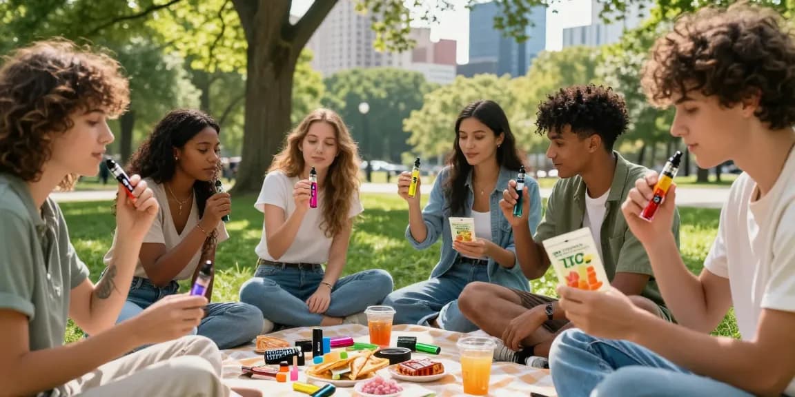 Diverse friends enjoying THC vapes deutschland in a vibrant park setting.