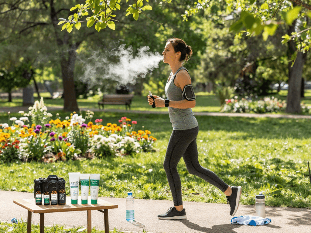 Muha Med CBD vape pen after jogging, promoting natural wellness and recovery.