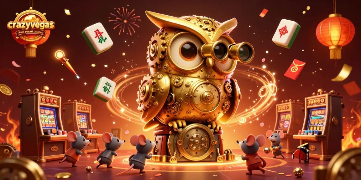 Experience the thrill at crazyvegas best payout casinos, featuring a dynamic owl and lucky mouse patrons in a vibrant casino scene.