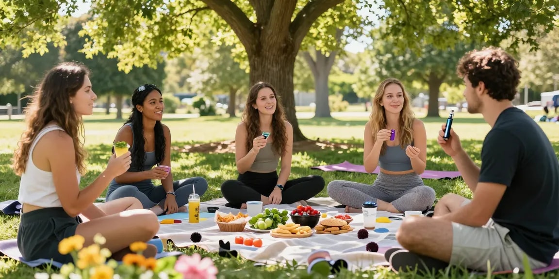 Packman vape surrounded by friends enjoying natural wellness, CBD-infused snacks, and healthy conversations.