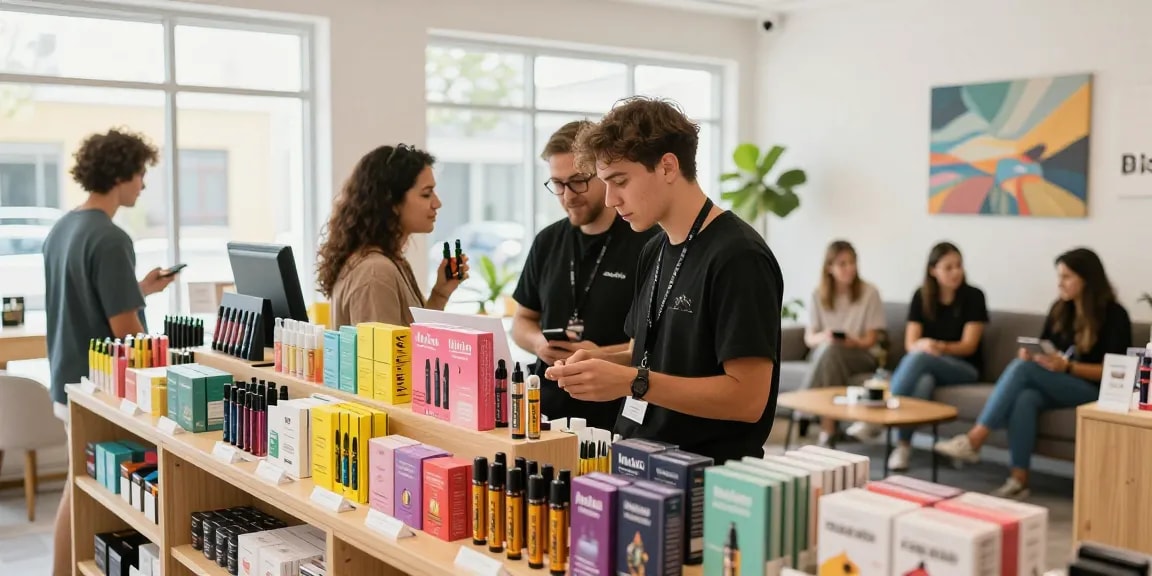 Customer exploring Muha Med vape products in a modern retail shop.