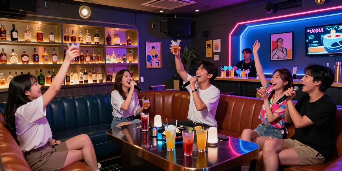 Exciting 제주유흥 experience at a karaoke bar with friends singing and enjoying whiskey cocktails