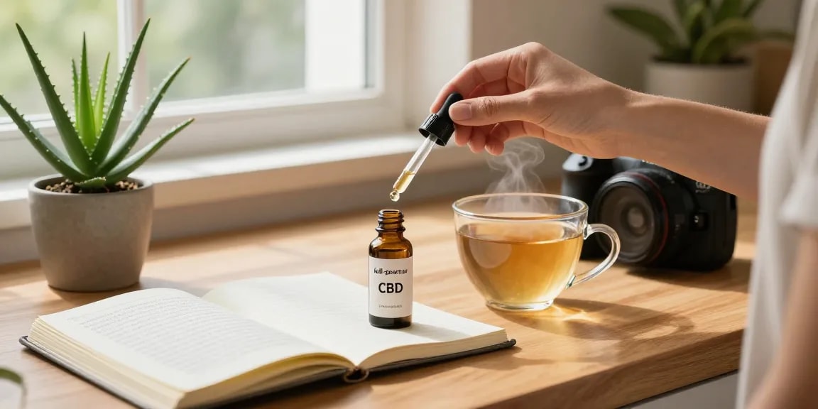 Buy full spectrum CBD oil Canada with a serene kitchen setup showcasing wellness items and natural light.