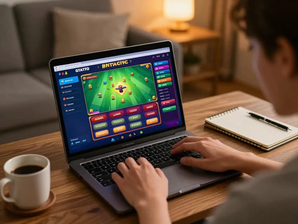 Engaging in gtatoto gaming on a laptop in a cozy home environment, showcasing strategic planning and online betting