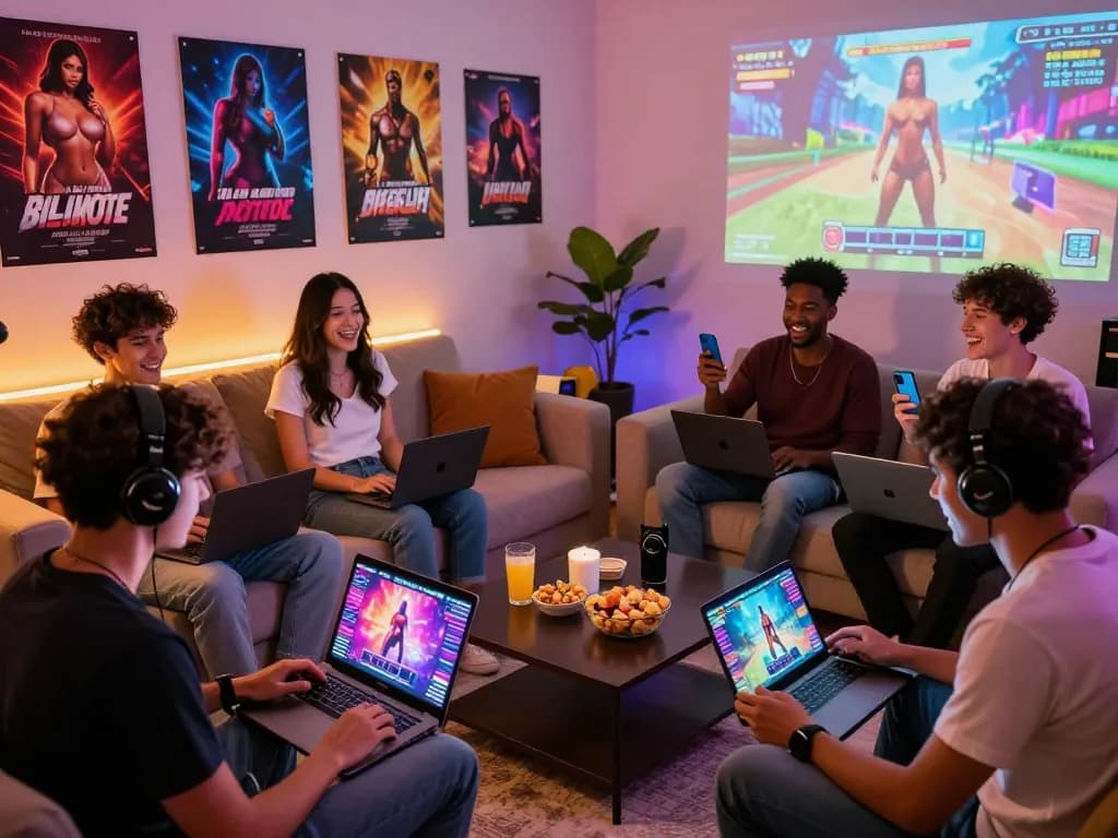 Group enjoying online sex games on various devices in a cozy living room