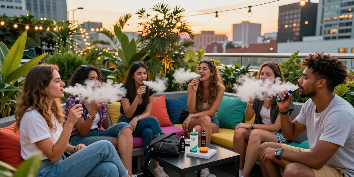 Group enjoying THC vape in a vibrant rooftop garden with city lights.