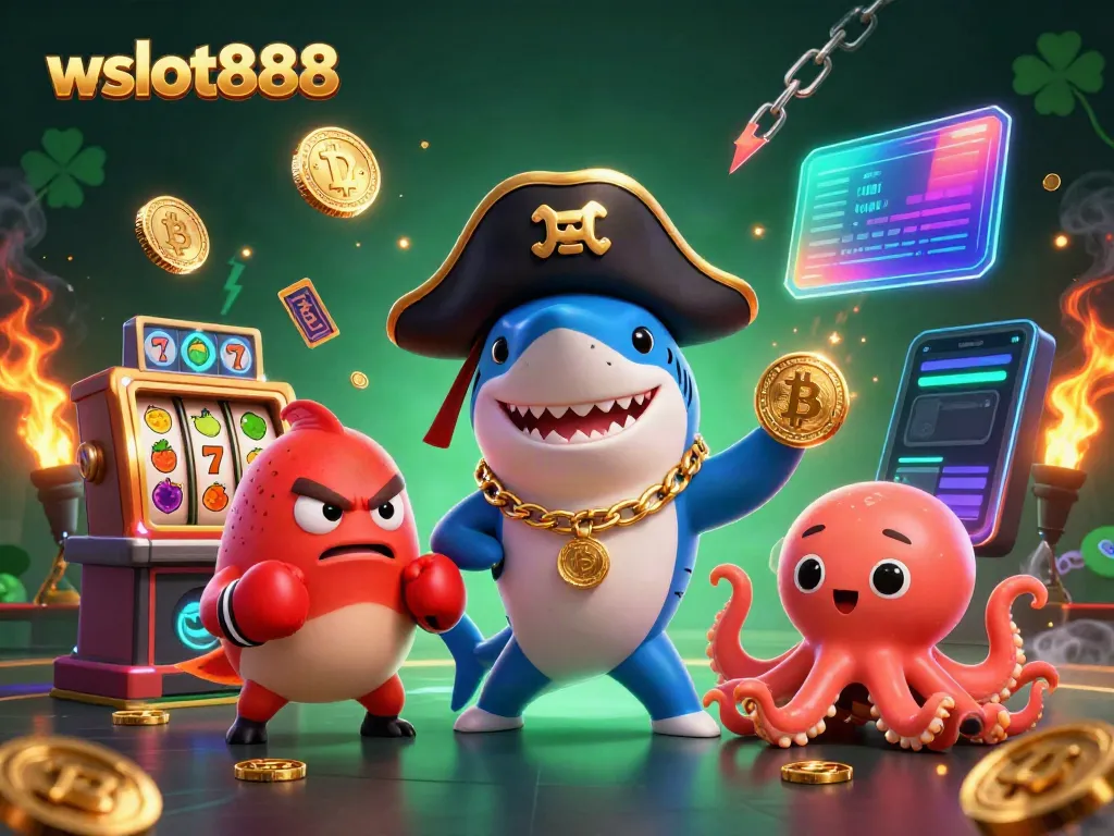Menganalisis wslot888 dengan karakter kartun 3D dan simbol permainan kasino yang menarik.