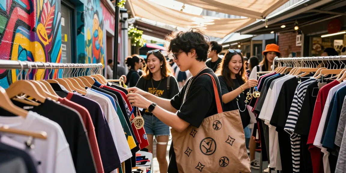 Stylish individual exploring 레플리카 사이트 shopping scene in urban marketplace showcasing high-quality fashion replicas.