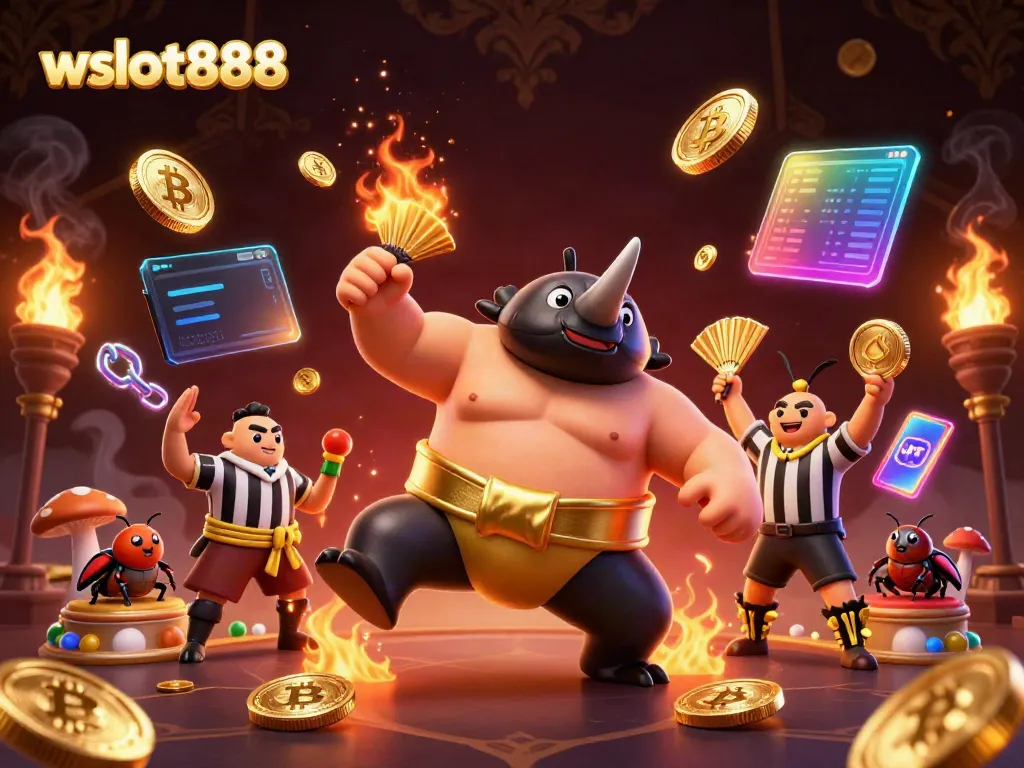 Permainan slot wslot888 dengan karakter unik di festival judi penuh warna dan koin berlian emas yang beterbangan.