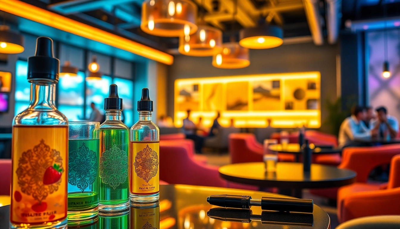 Explore various Vape & E-Liquids showcased in a modern lounge setting with warm ambiance.