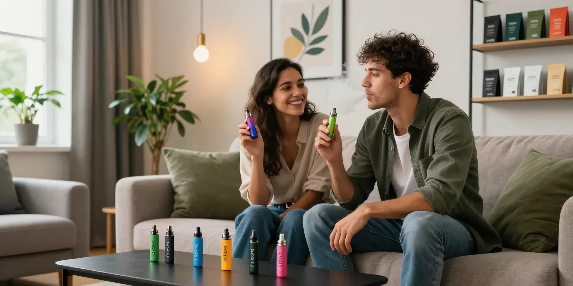 Couple enjoying THC vapes UK products in a cozy urban living room.