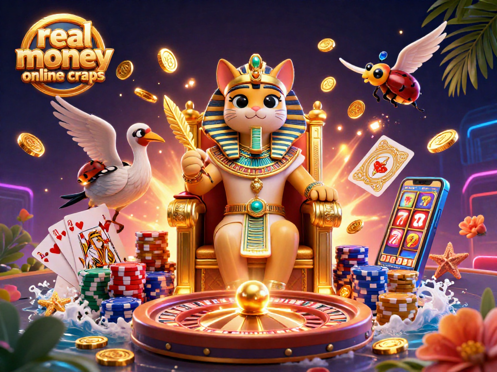 Play real money online craps with excitement as an Egyptian pharaoh cat rules the casino throne.