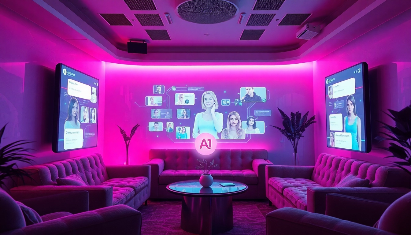Engaging chat interface showcasing ai porn chat with AI characters in a cozy digital lounge.
