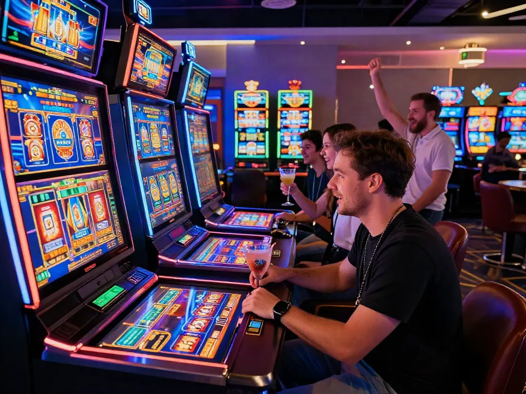 Engaged player enjoying slot games in a vibrant online casino setting.
