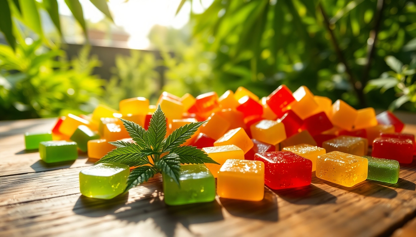 Enjoy vibrant Weed Gummies showcased beautifully on a wooden surface among greenery.