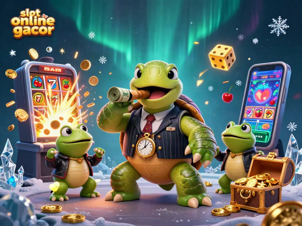 Engage with slot online gacor in a vibrant casino scene featuring cartoon characters and dynamic game elements.