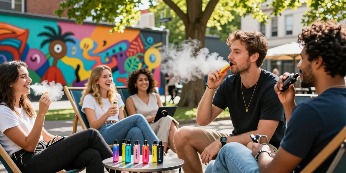 Group of friends enjoying Hitz infinity Gen 7 disposable vapes in a lively park