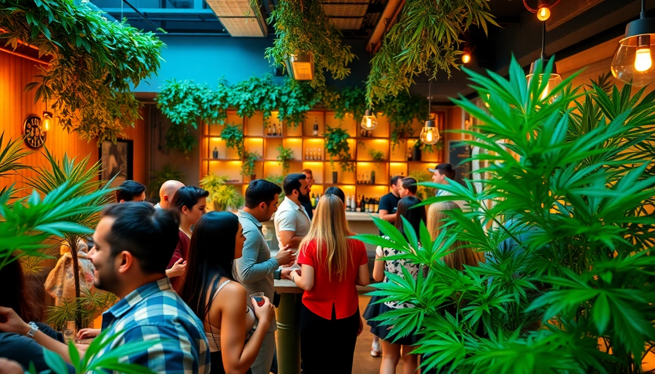 Members enjoying social club Madrid's vibrant atmosphere amidst lush greenery and modern decor.