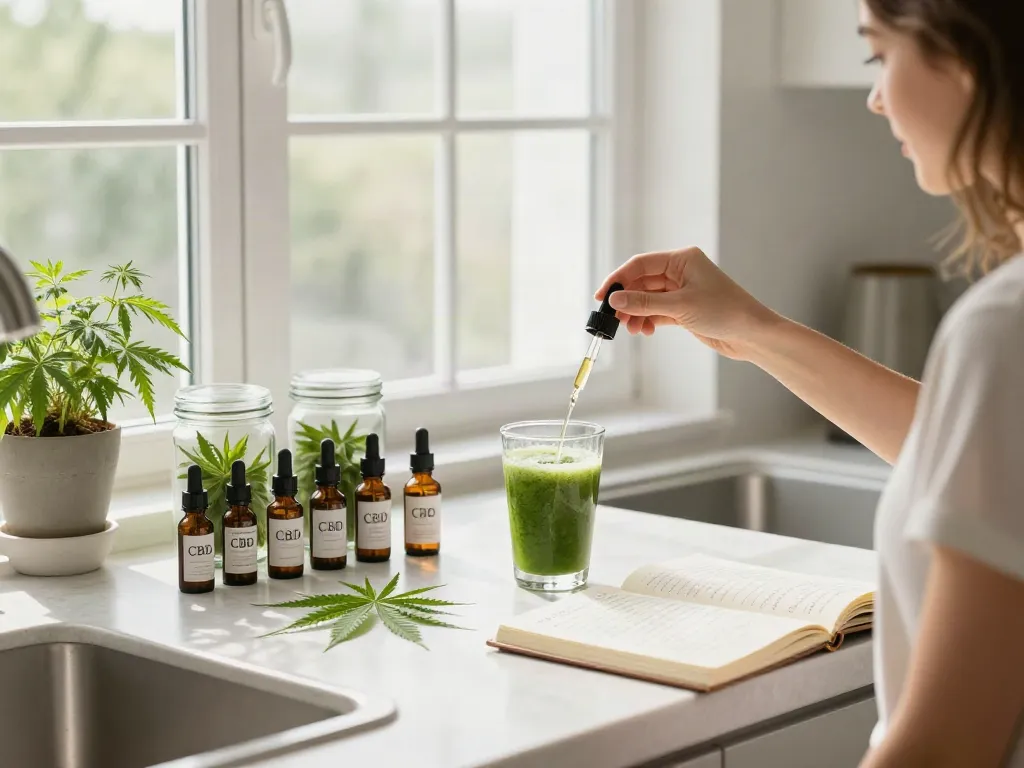 dope vapes CBD oil tincture in a bright kitchen with fresh hemp.