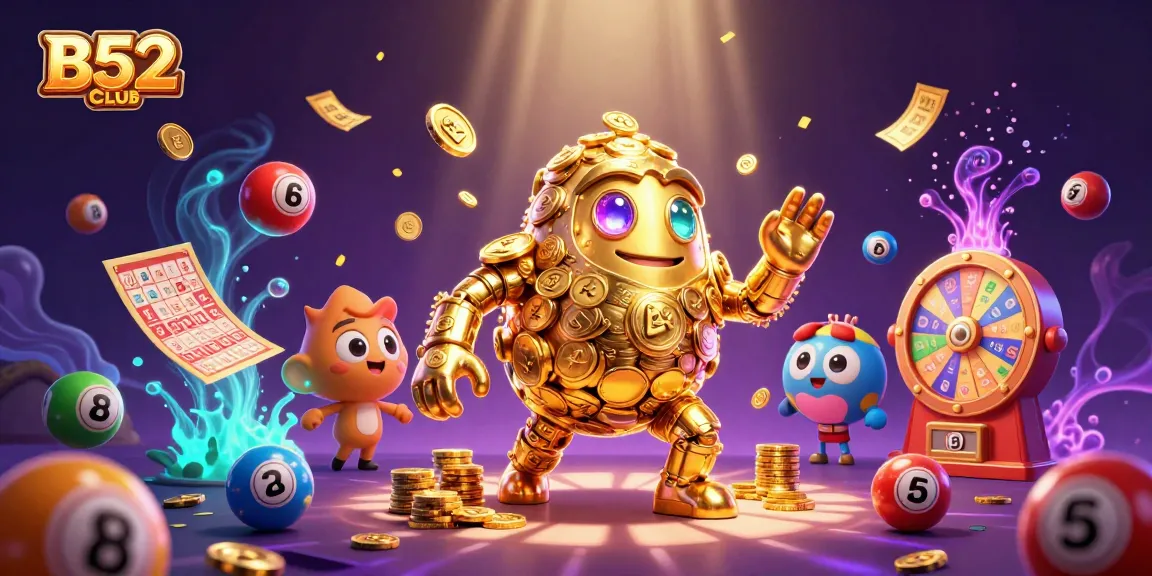 B52CLUB rewards players in a vibrant gambling universe with golden golem, slot symbols, and dynamic lottery elements.