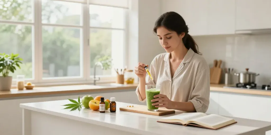 Muha CBD oil tincture used in a natural wellness routine with fresh ingredients.