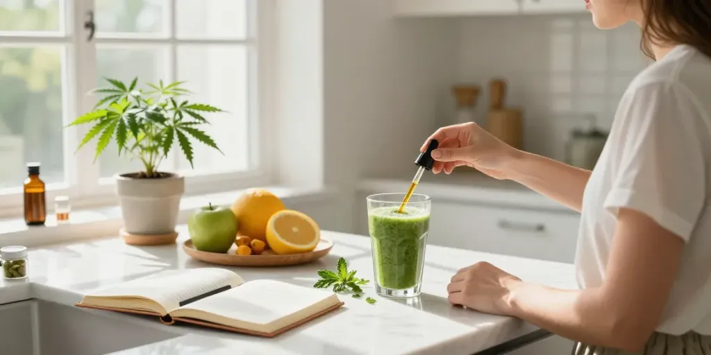 Muha CBD oil tincture on a bright kitchen counter with fresh ingredients, promoting a natural wellness routine.