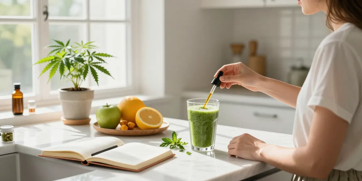 Muha CBD oil tincture on a bright kitchen counter with fresh ingredients, promoting a natural wellness routine.