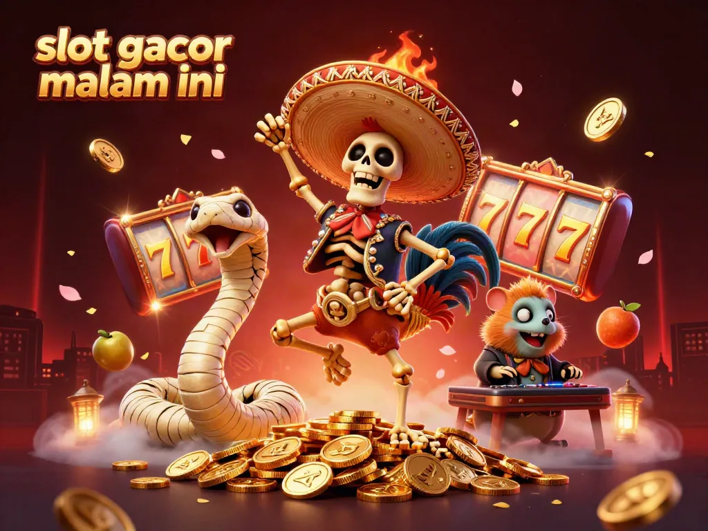Gambarkan keseruan bermain slot gacor malam ini dengan karakter menarik dan elemen menggembirakan di latar belakang kasino.