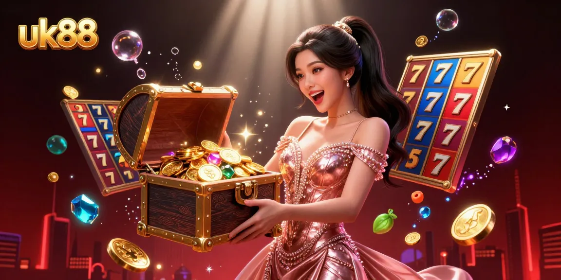 Experience the excitement of uk88 with a striking digital scene showcasing thrilling casino elements and vibrant treasures.