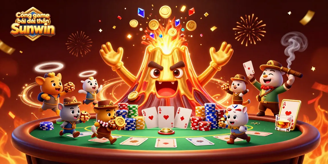 Cổng game bài đổi thưởng Sunwin showcases a humorous golden volcano erupting treasure, attracting players to the casino.